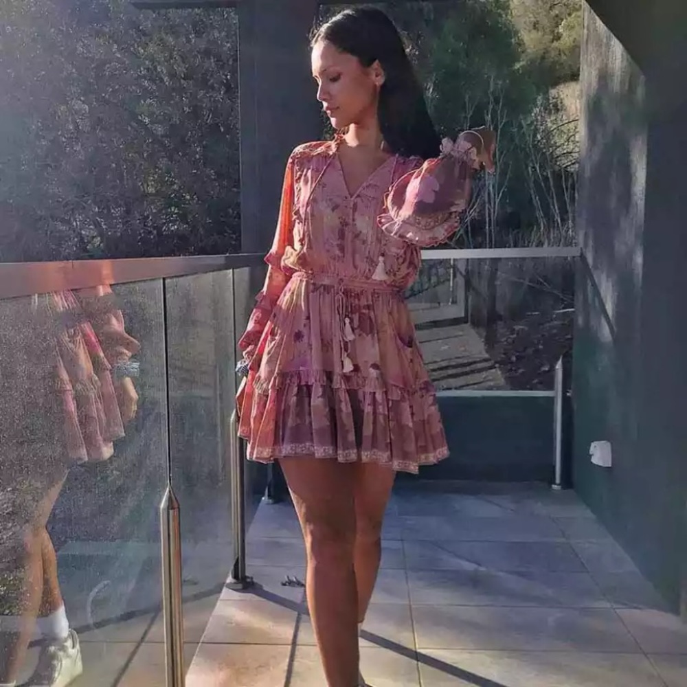 SOLD OUT Boho Gypsy Floral Long Sleeve Ruffle Mini Dress - Picture 6 of 8